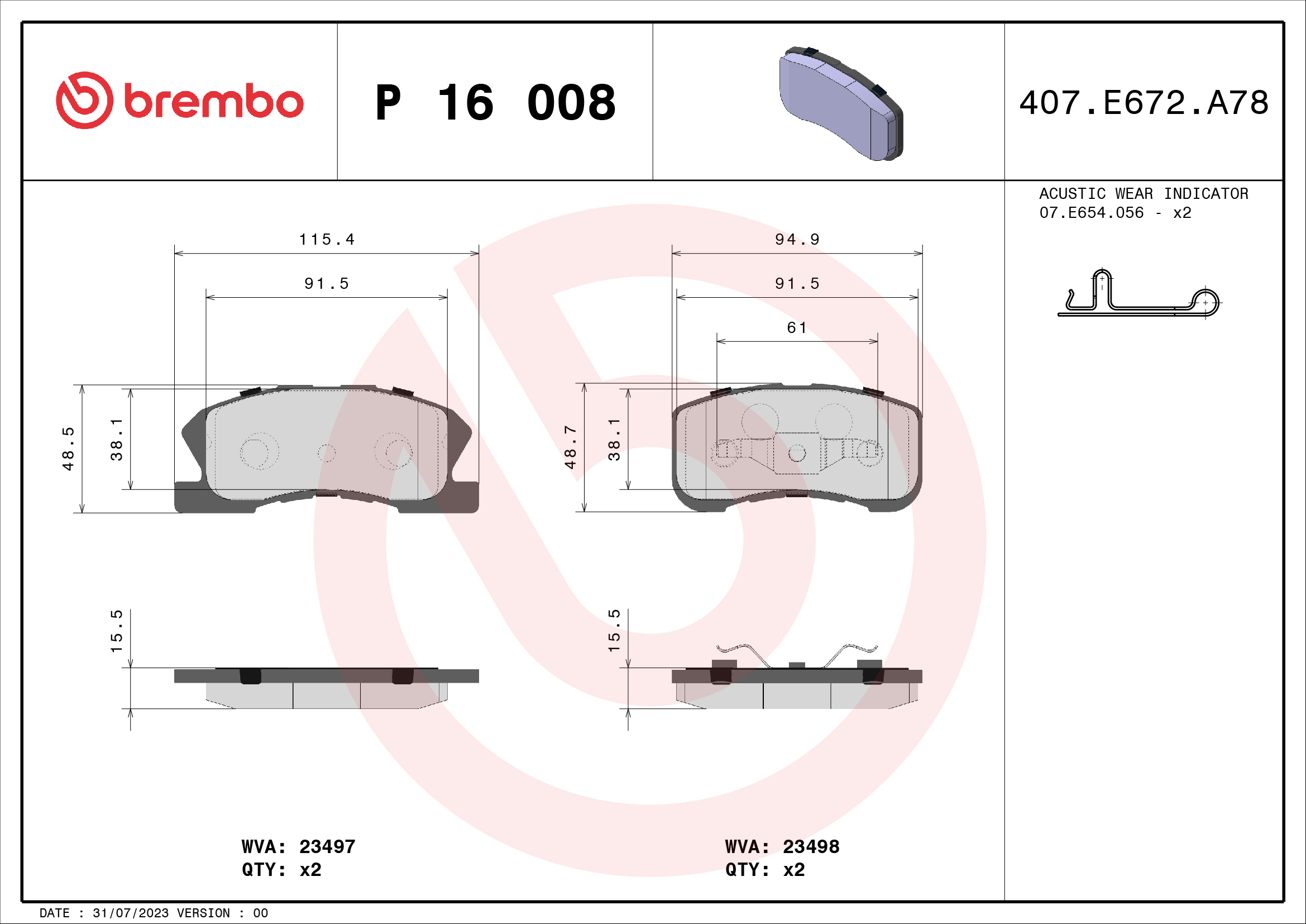 A.B.S. P 16 008 BREMBO Bremsbelagsatz, Scheibenbremse